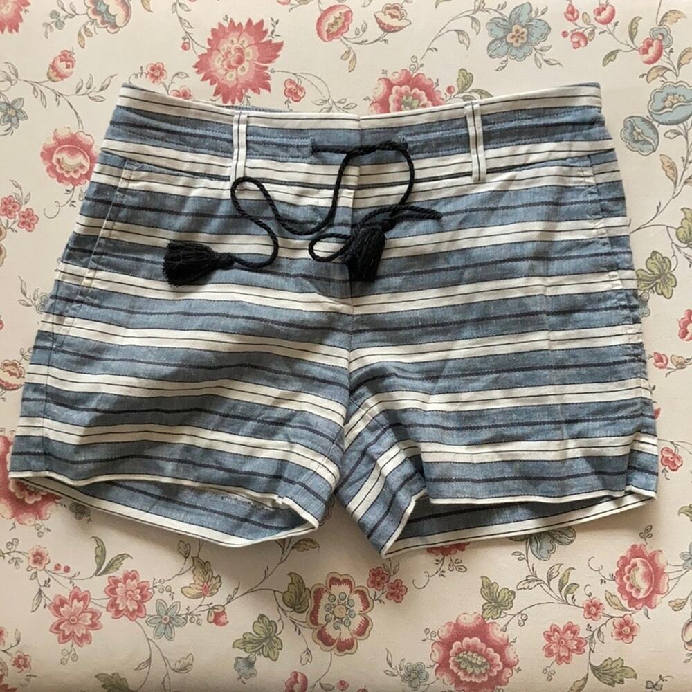 LOFT Blue & Cream Striped Linen Blend Shorts, Size 00